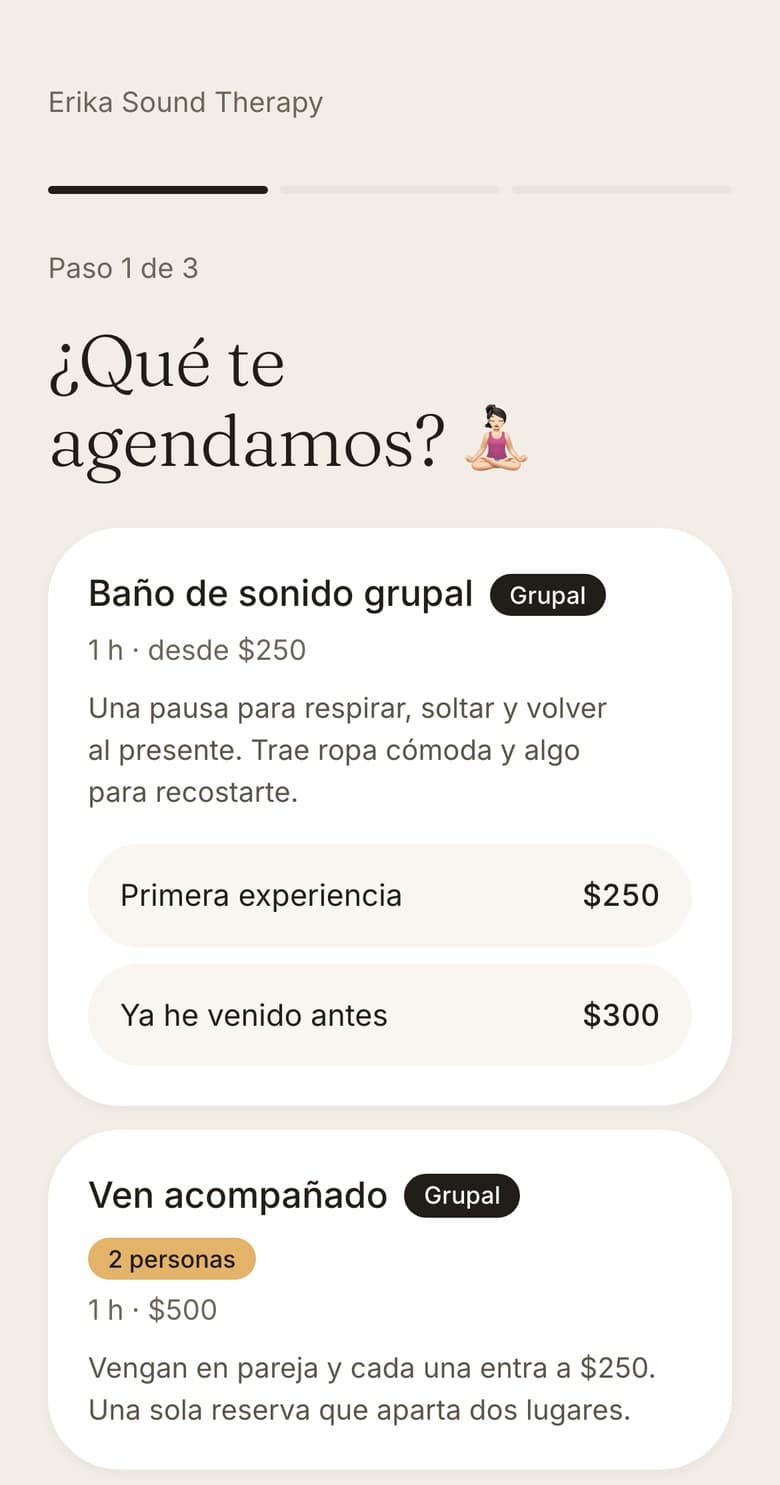 Paso 1 del link de reservas: la lista de sesiones, cada una con su duración y su precio.
