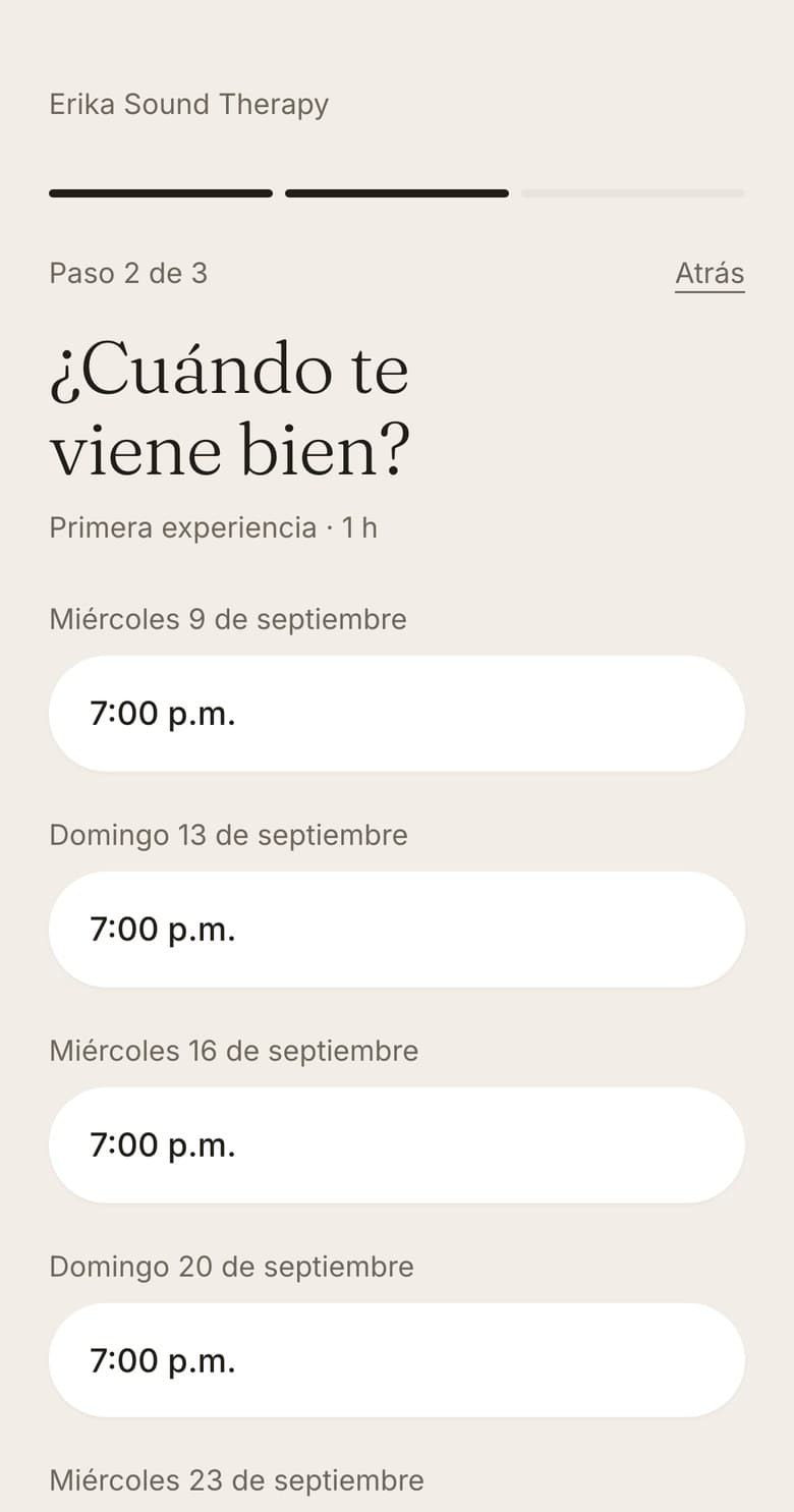 Paso 2: las fechas disponibles con su horario, para elegir una.